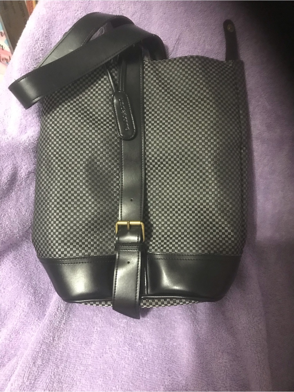 Black Checker Canvas & Leather Bucket Bag